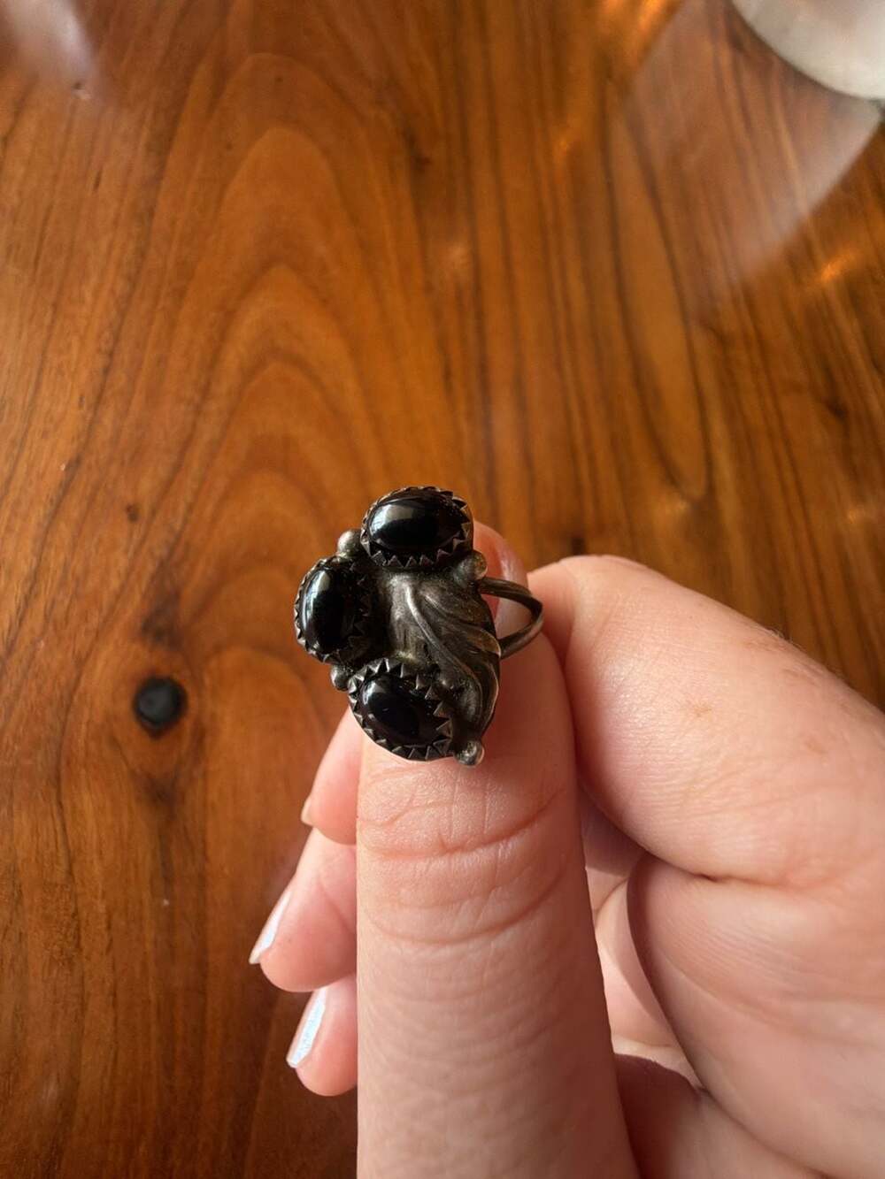 Vintage Navajo Sterling Silver Black Onyx and Feather Cluster Ring